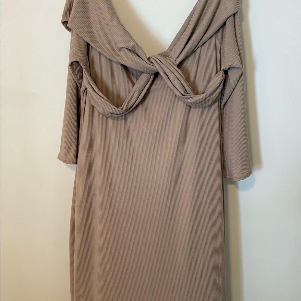 Boohoo Brown Ruched Off-Shoulder Maxi Dress